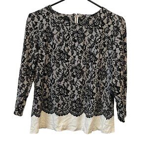 Black & White Lace Overlay Long Sleeve Top By Talbots Size S